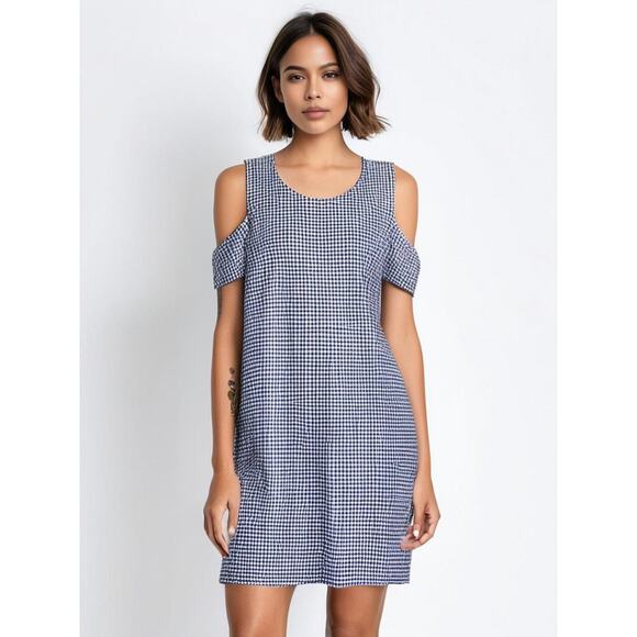Espresso Women's Blue Gingham Cold Shoulder Knee Length Dress Size Large‎ - Picture 1 of 7